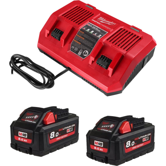 Milwaukee M18 HNRGO4-802 Pack 2 batteries 18V 8.0Ah M18HB8 et Chargeur Rapide double M18 DFC (4932492936)