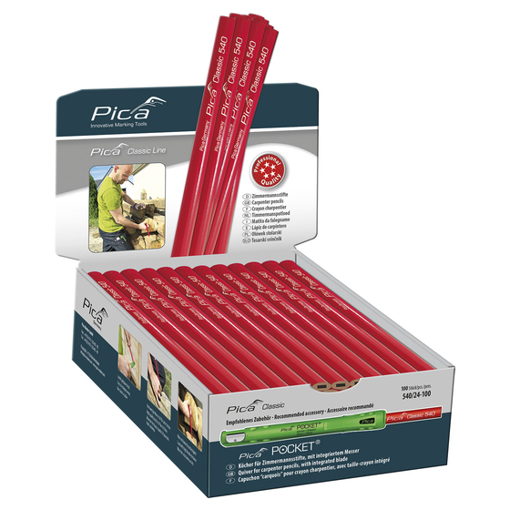 Pica Classic 540 Boite de 100 crayons de charpentier, ovale, rouge, 24cm 540/24-100